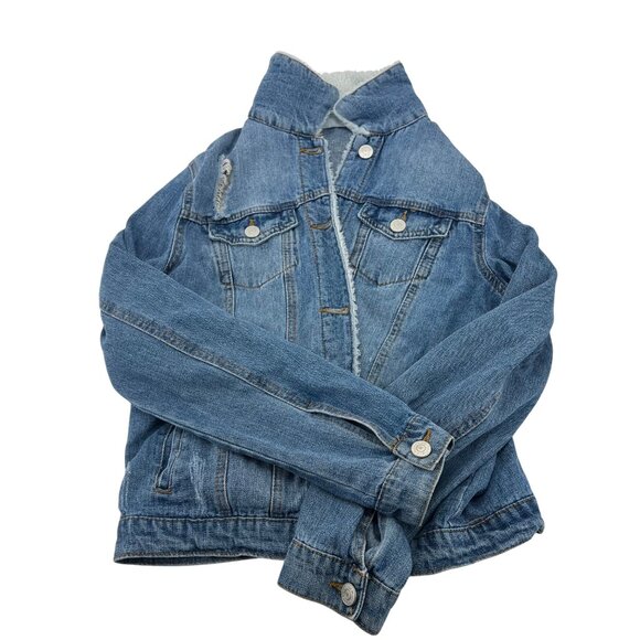 Ci Sono Medium Wash Sherpa-Lined Denim Jacket M Faux Fur Collar Womens - Picture 1 of 5